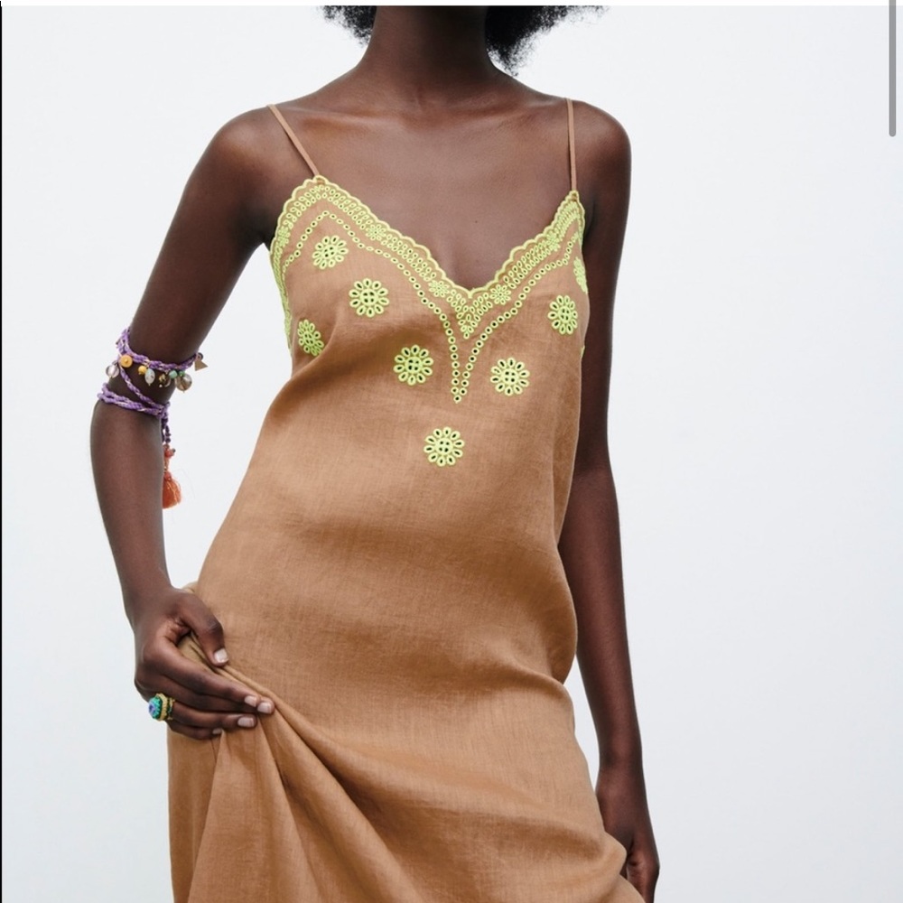 Zara Embroidered Linen Midi Dress with neon yellow eyelet trim
